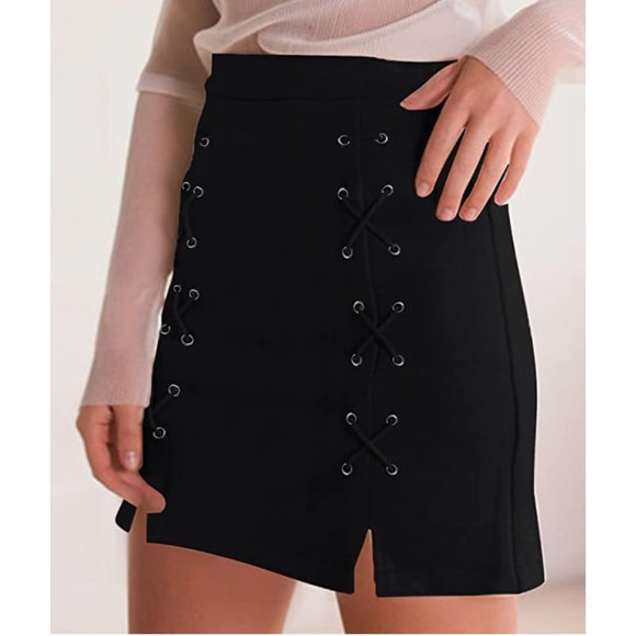 Dresses & Skirts - Black Faux Suede Corset Lace Up High Waist Pencil Bodycon Mini Skirt
